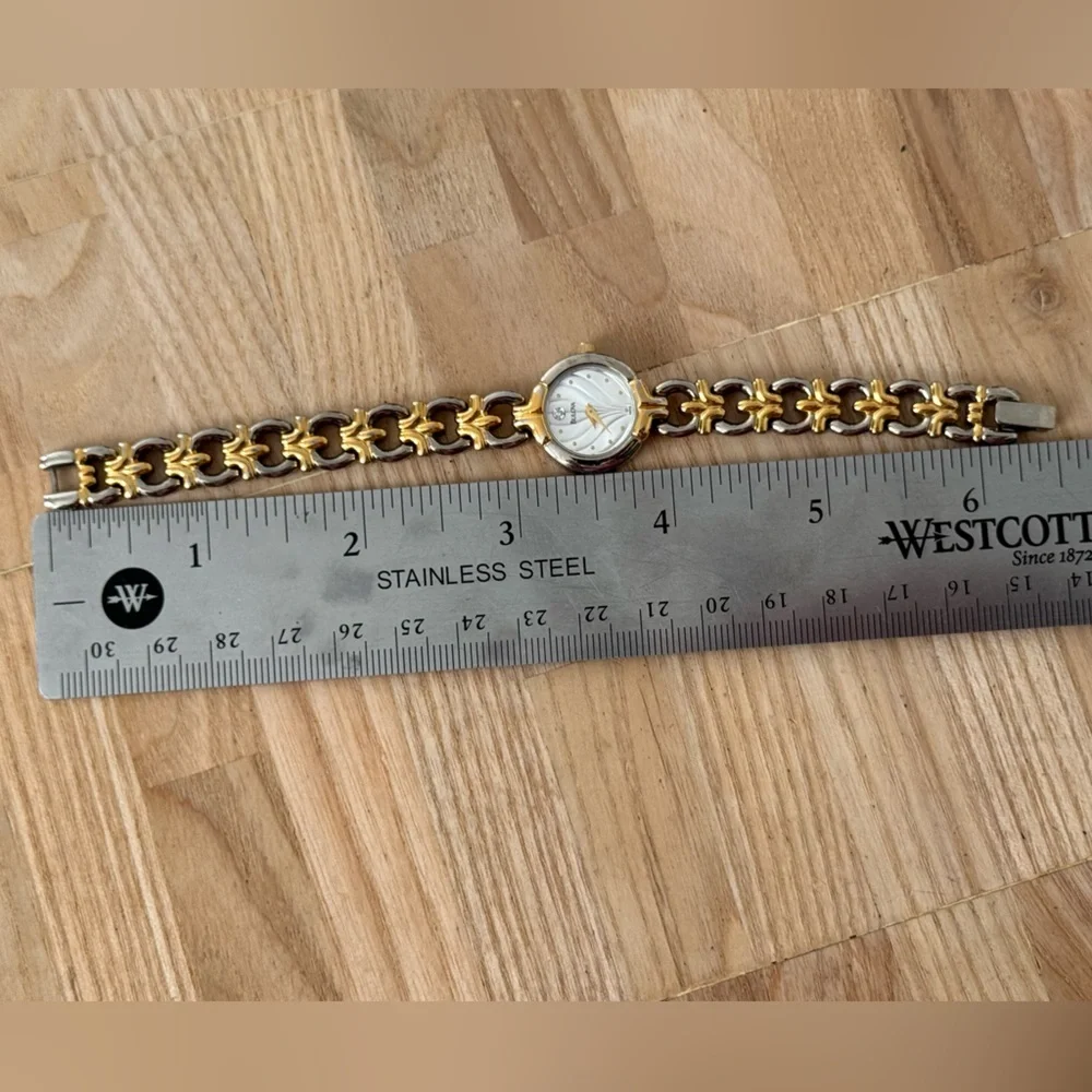Bulova Diamond Vintage Ladies Watch Two-Tone Bracelet Case Shimmery Silver Dial